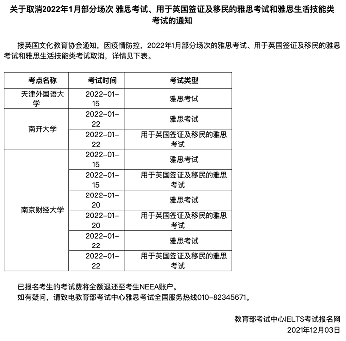 2022年1~3月份部分雅思考試取消！或將禁止跨省考試！