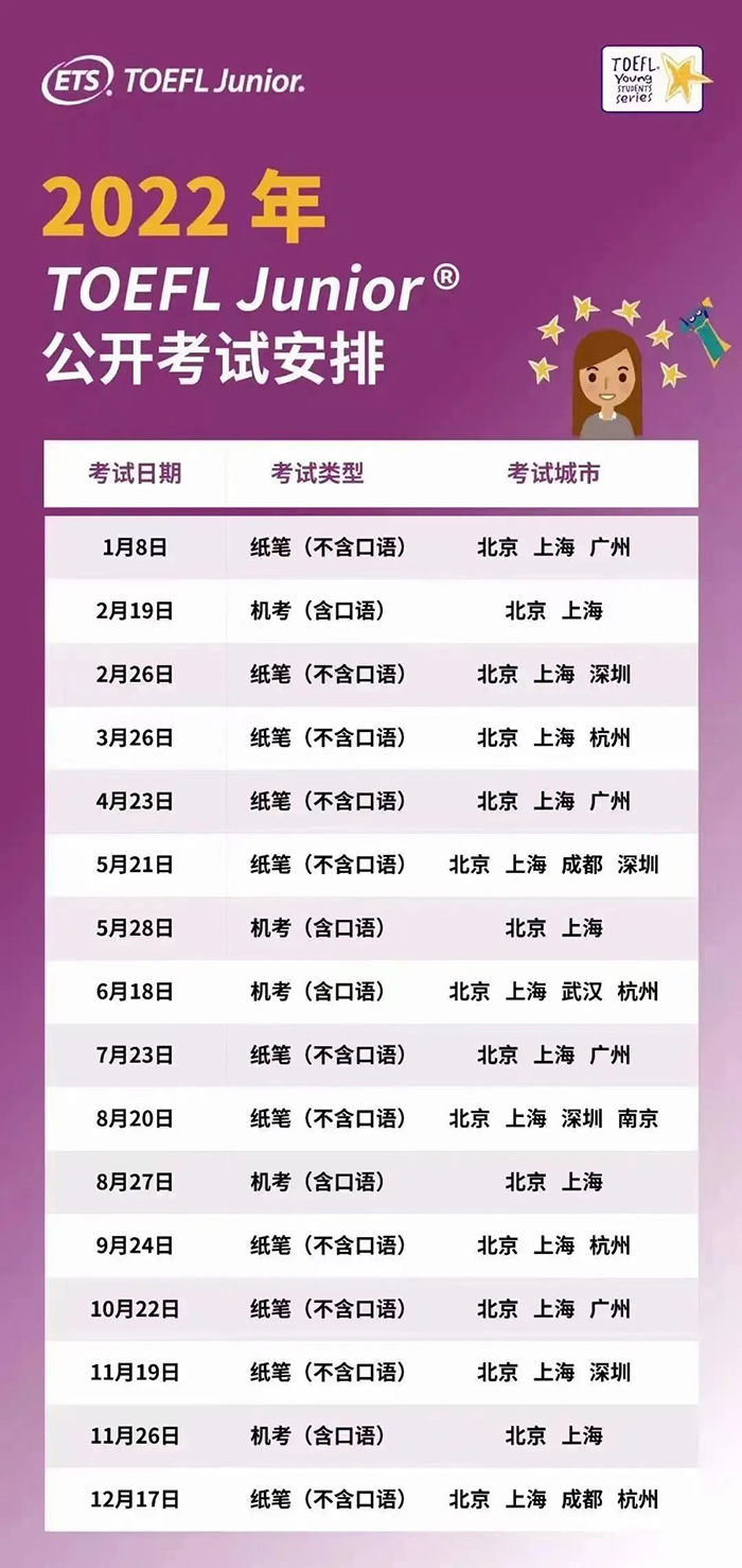2022小托福考試時(shí)間及考場(chǎng)考點(diǎn)信息