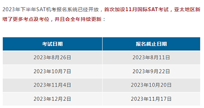 2023年下半年SAT機考時間安排