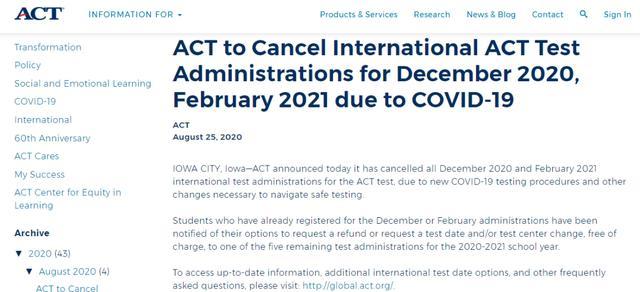2020年ACT國際場考試時間全部取消